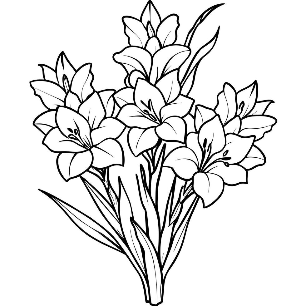 glaïeul fleur bouquet contour illustration coloration livre page conception, glaïeul fleur bouquet noir et blanc ligne art dessin coloration livre pages pour les enfants et adultes vecteur