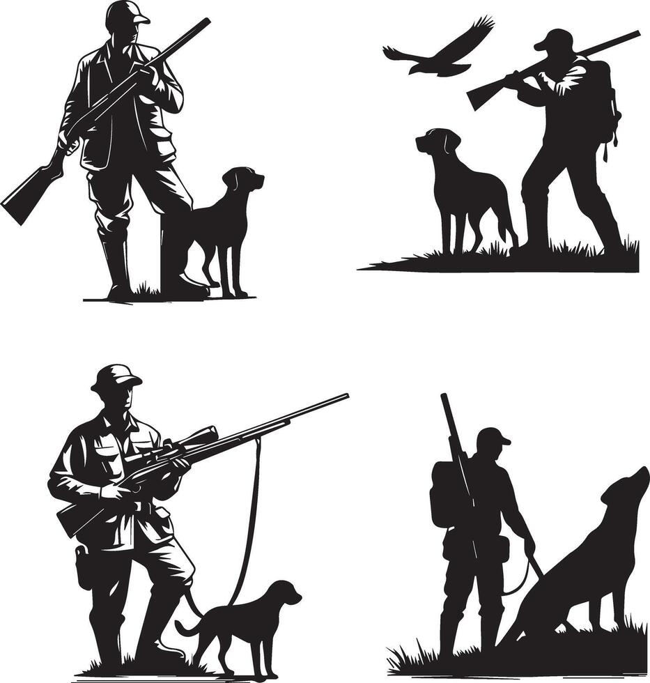 chasse homme avec chien silhouette ensemble. chasse homme avec chien vecteur