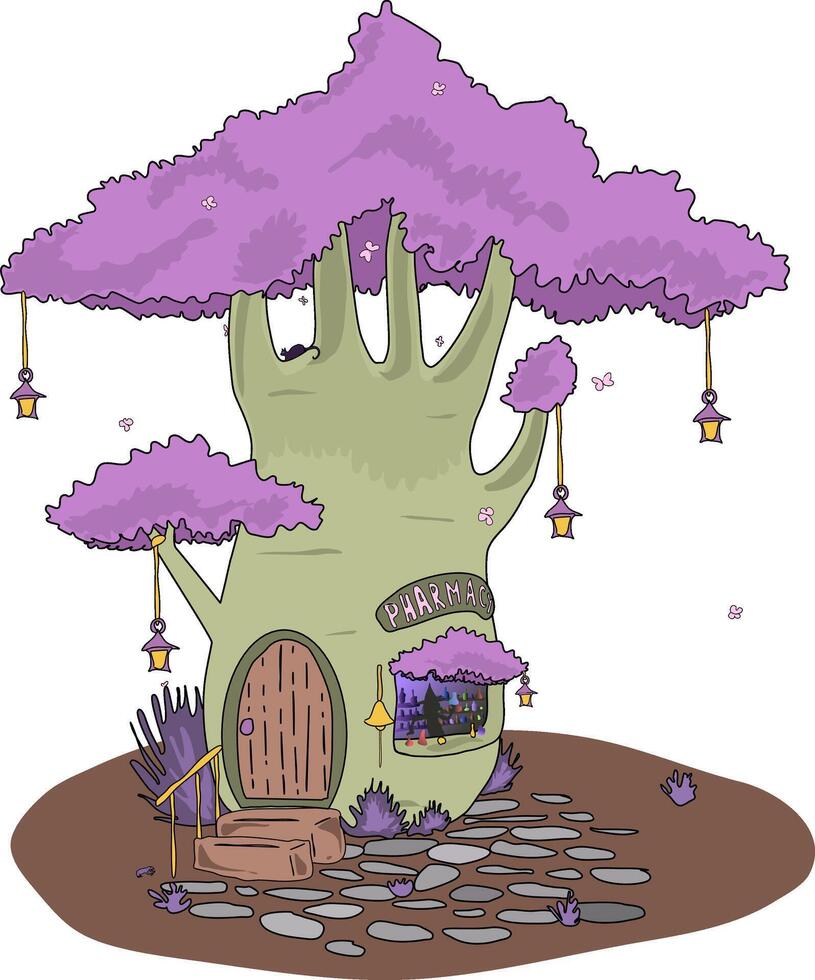 fantaisie Conte de fée pharmacie arbre avec violet feuilles et ouvert compteur afficher cas. illustration une chat est mensonge sur une arbre, et papillons sont en volant proche. nuit lumières pendre tout autour. une vecteur