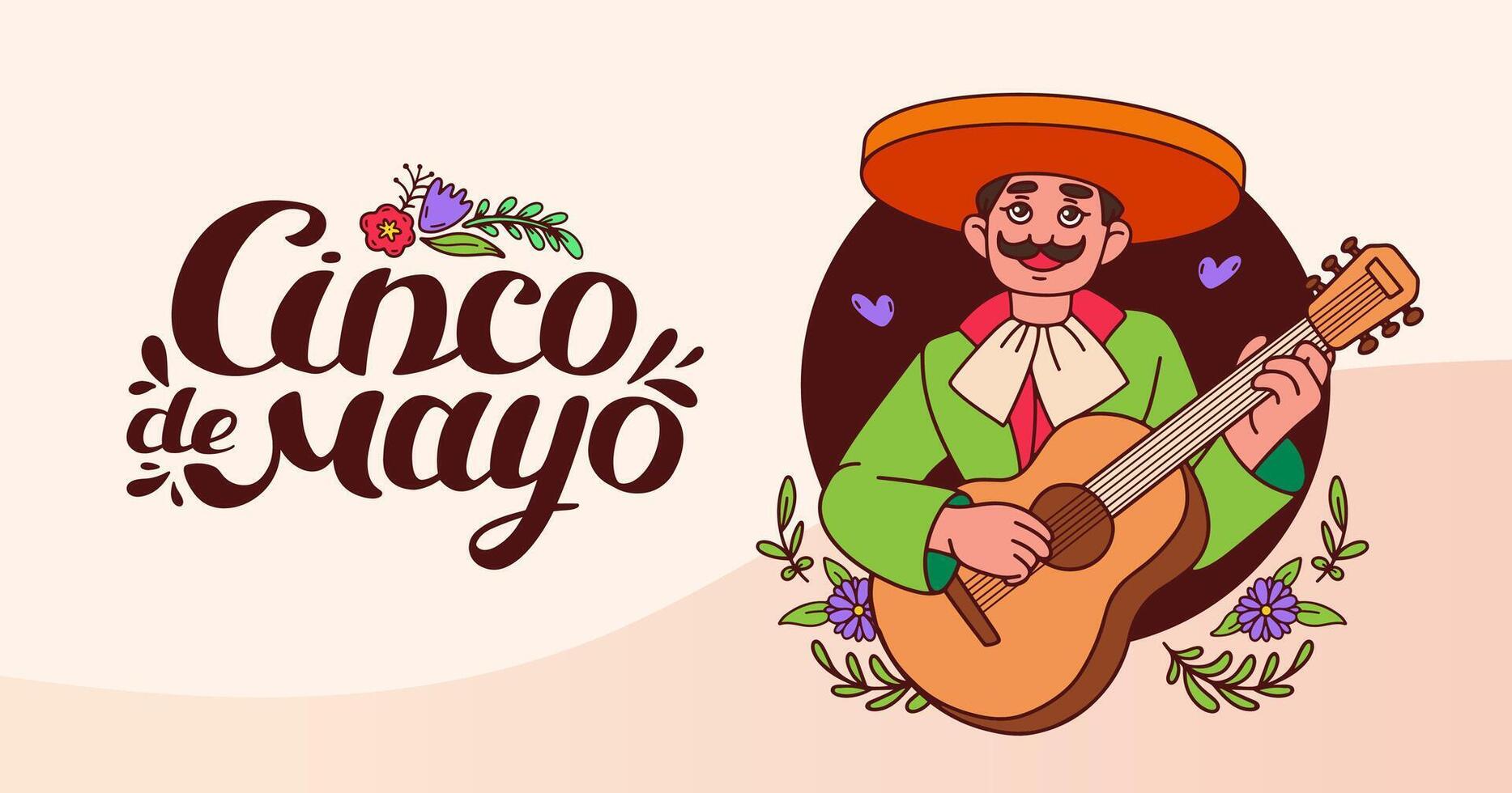 cinco de mayo fête bannière. horizontal Contexte avec mexicain pièces guitare. mexicain personnages traditionnel content les personnes les musiciens dans sombrero. main caractères. griffonnage illustration. vecteur