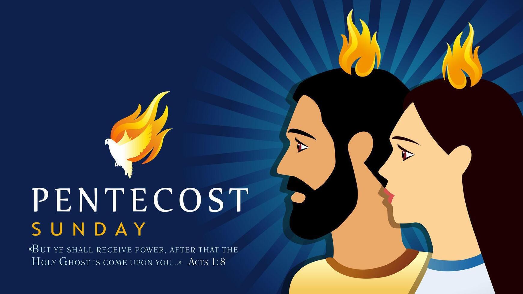 Pentecôte dimanche bannière avec apôtres et flammes. plat conception. panneau d'affichage concept vecteur