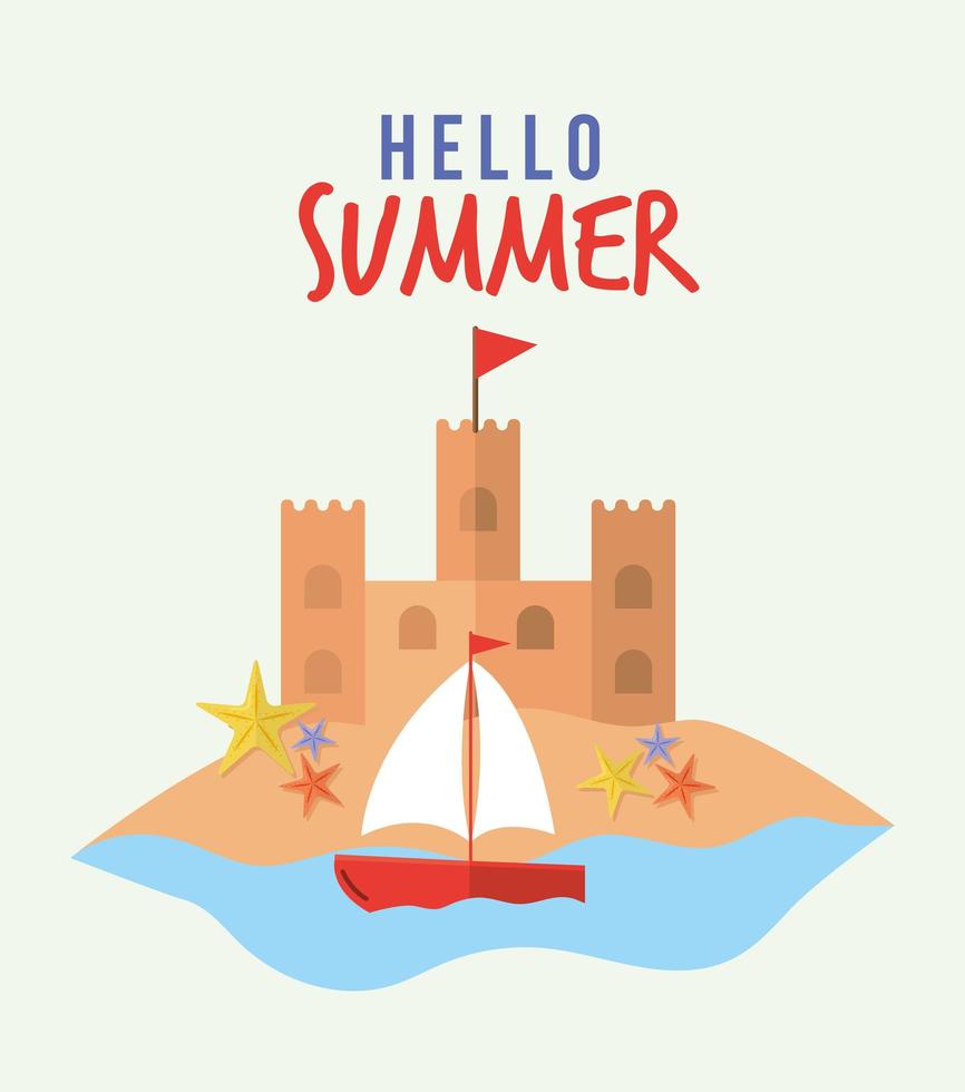 Bonjour lettrage d'été avec ensemble d'icônes d'été sur fond blanc vecteur