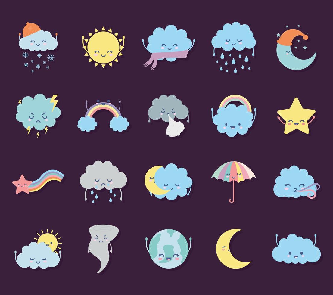 ensemble d'icônes météo sur fond violet vecteur
