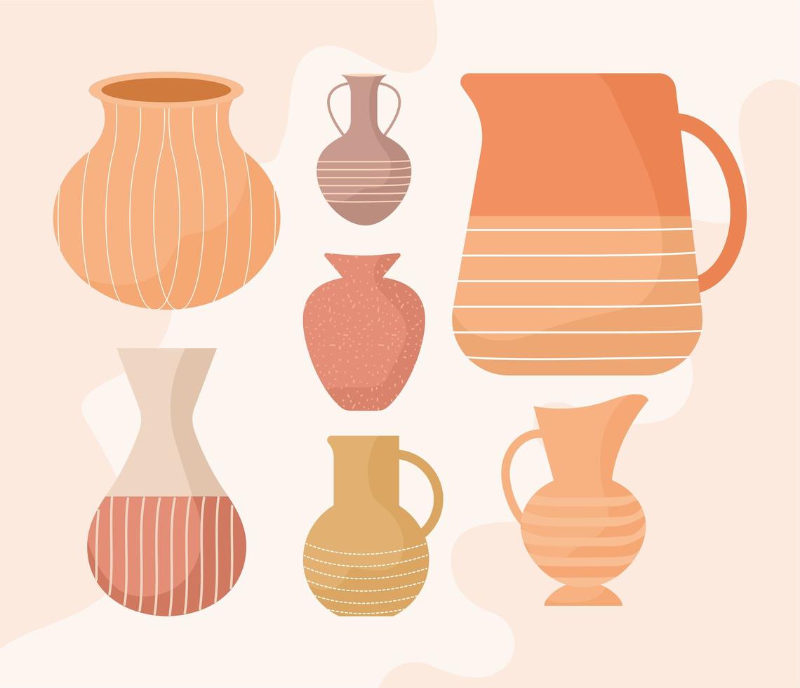 sept pots de poterie vecteur
