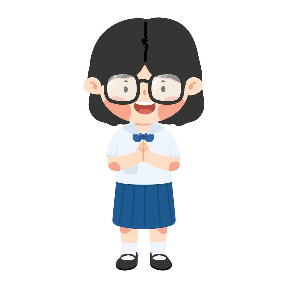 enfant fille étudiant avec des lunettes salutation sawasdee vecteur