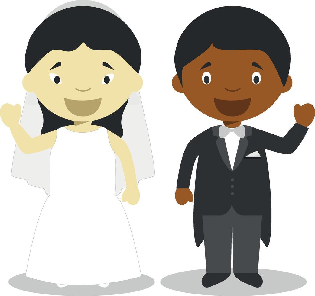 Oriental la mariée et noir jeune marié interracial nouveau marié couple dans dessin animé style illustration vecteur