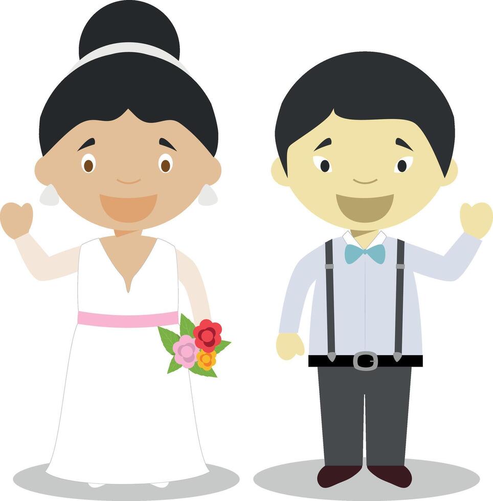 métis la mariée et Oriental jeune marié interracial nouveau marié couple dans dessin animé style illustration vecteur