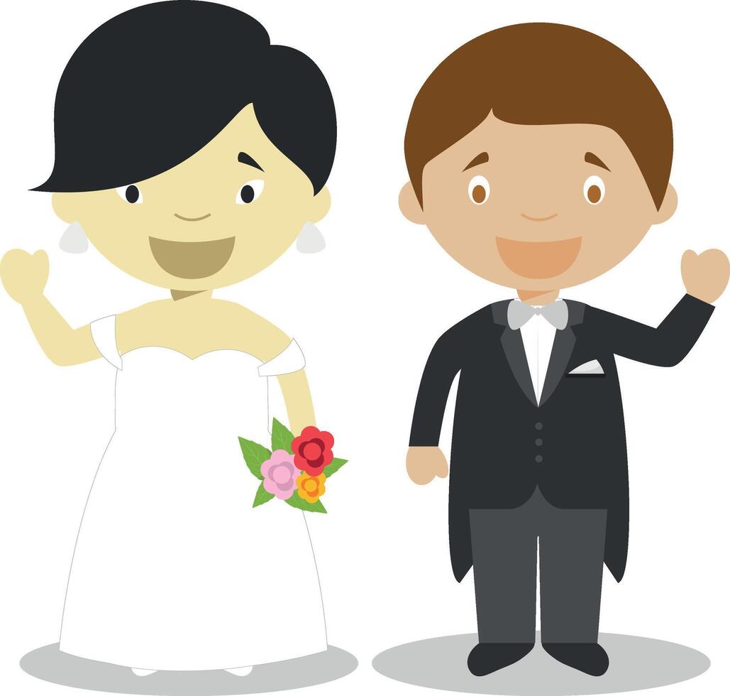 Oriental la mariée et métis jeune marié interracial nouveau marié couple dans dessin animé style illustration vecteur