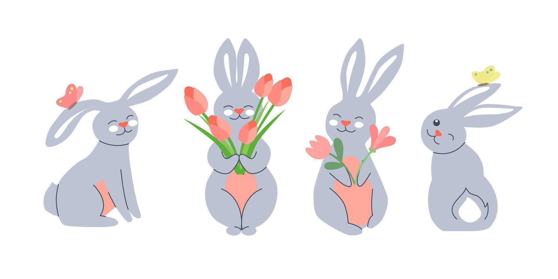 printemps lapin collection dans divers pose. Pâques dessin animé lapins sur blanc Contexte. vecteur