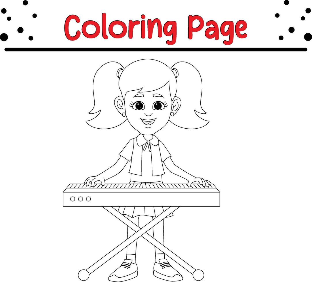 jolie peu fille en jouant électrique piano coloration livre page pour adultes et des gamins vecteur