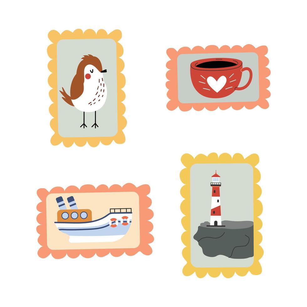 mignonne timbre ensemble. timbres avec oiseau, tasse, phare et bateau. illustration avec blanc isolé Contexte. vecteur