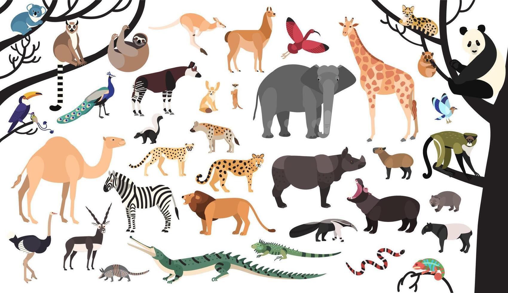 collection de exotique animaux et des oiseaux vivant dans savane et tropical forêt ou jungle isolé sur blanc Contexte. ensemble de mignonne dessin animé personnages. plat brillant coloré illustration. vecteur