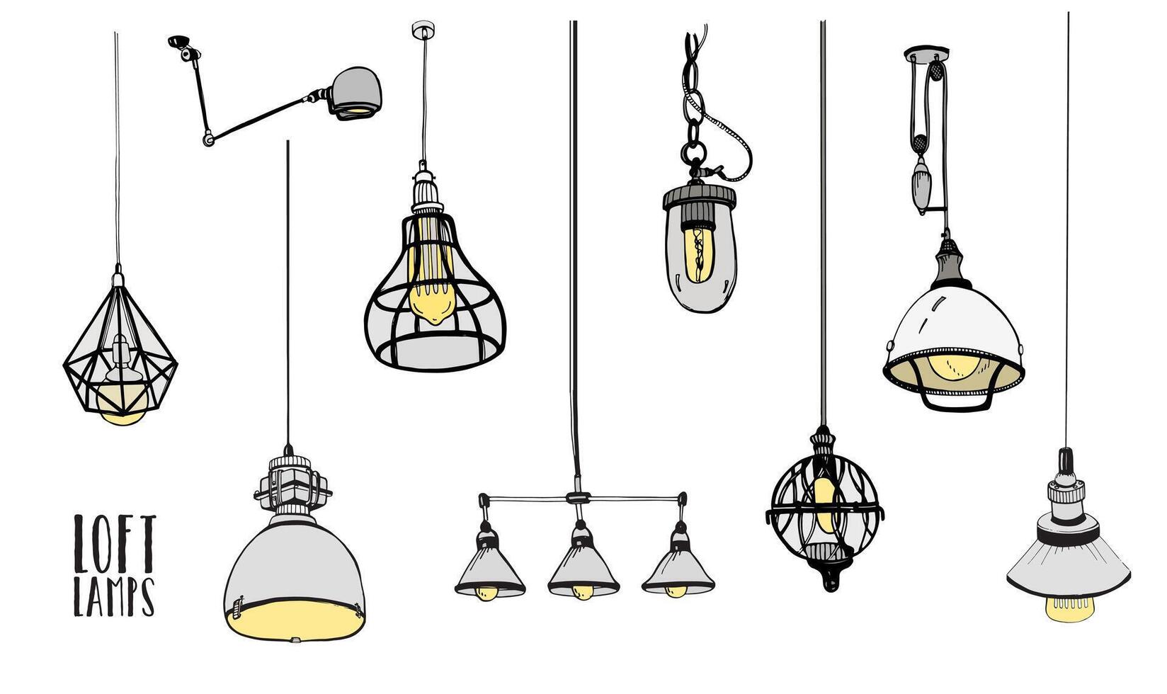 collection de moderne isolé grenier les lampes, ancien, rétro style lumière ampoules. main tiré illustration. vecteur