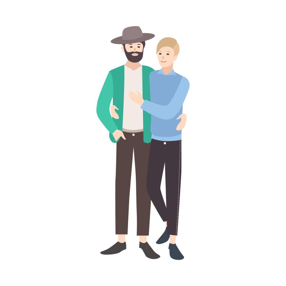 couple de Jeune Hommes habillé dans moderne Vêtements permanent ensemble, embrassement et souriant. mignonne gay couple. Masculin dessin animé personnages isolé sur blanc Contexte. coloré plat illustration. vecteur