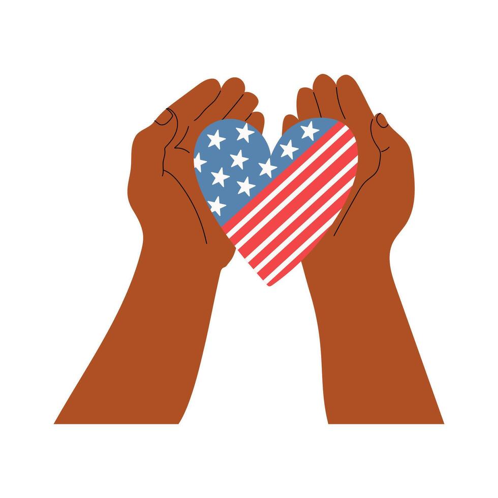 dessiné à la main illustration de foncé peau mains en portant une cœur avec amercien drapeau. conception pour 4e de juillet. vecteur