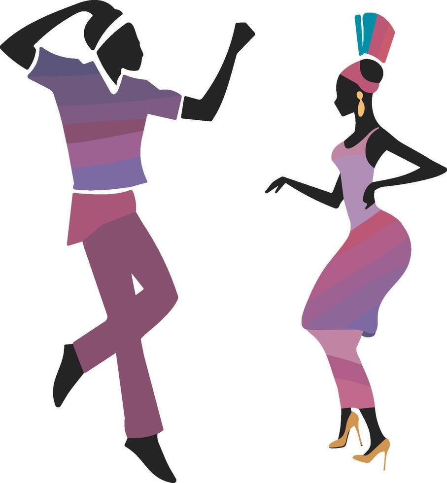 silhouettes de noir africain homme et femme dansant sur le aller un ethnique danse, ouvrages d'art avec le culture de Afrique. vecteur