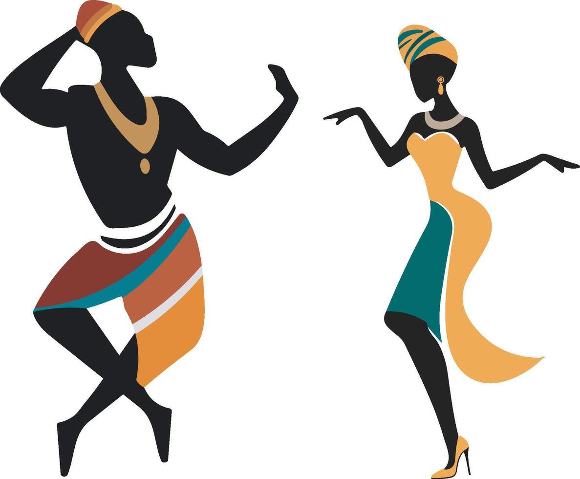 silhouettes de noir africain homme et femme dansant sur le aller un ethnique danse, ouvrages d'art avec le culture de Afrique. vecteur