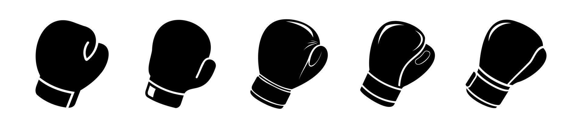 ensemble de noir boxe gants dans silhouette. noir et blanc graphique art de sportif gants. icône, logo, signe, pictogramme, imprimer. concept de des sports équipement, puissant coup de poing. isolé sur blanc toile de fond vecteur