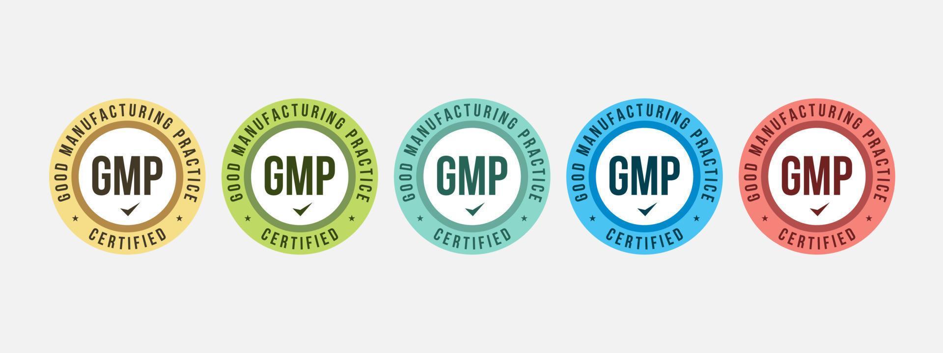 timbre rond certifié bonnes pratiques de fabrication gmp sur fond blanc. modèle d'icône d'insigne de certification d'illustration vectorielle. vecteur