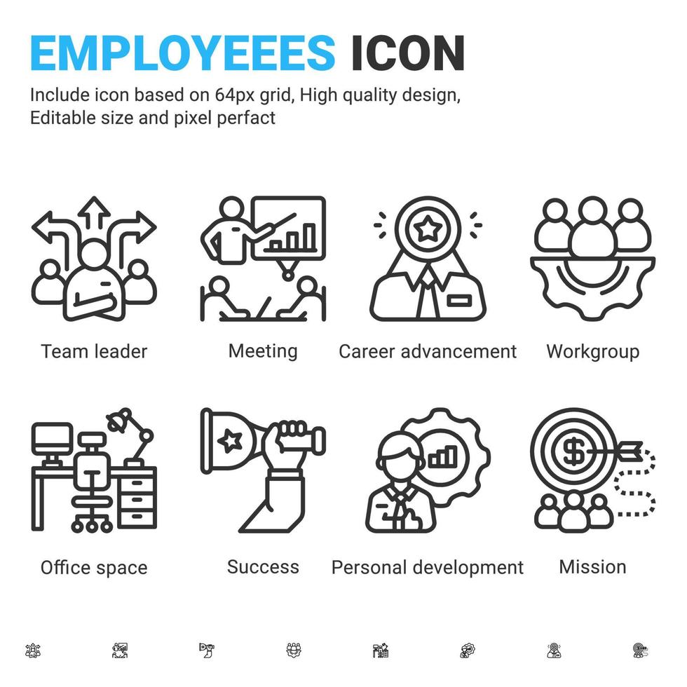 icône d'entreprise et d'employés sertie de style de contour isolé sur fond blanc. homme d'affaires d'icône de vecteur, carrière, concept de symbole de signe de travailleur pour les affaires et l'entreprise. trait modifiable et pixel parfait vecteur