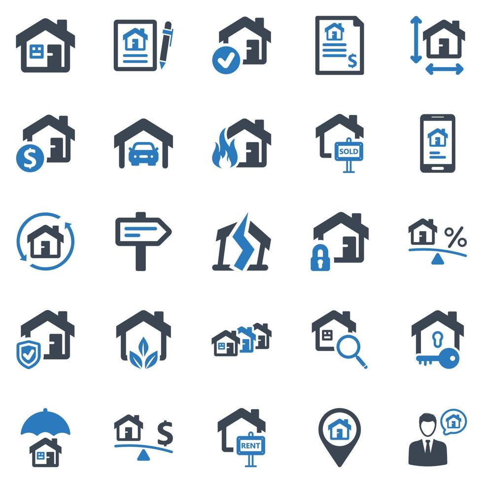 jeu d'icônes de l'immobilier - illustration vectorielle. immobilier, maison, maison, propriété, appartement, bâtiment, bâtiments, architecte, architecture, construction, icônes. vecteur