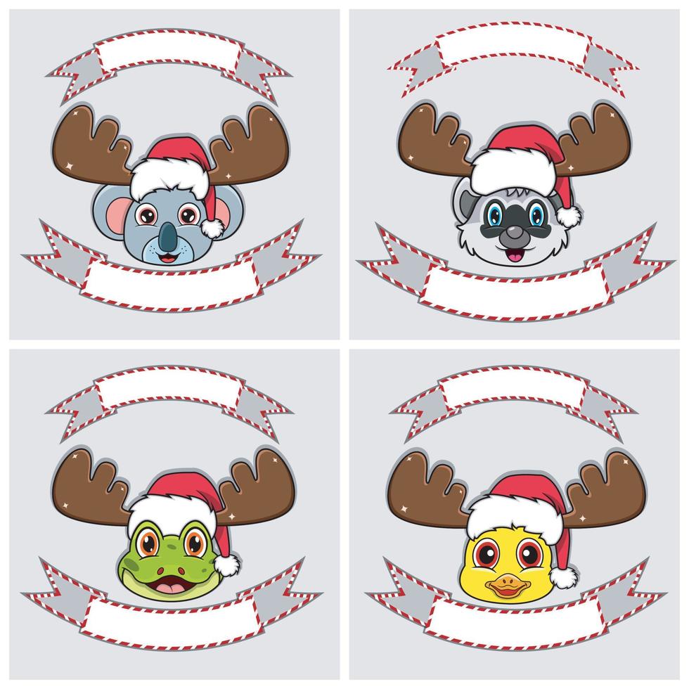 définir le personnage de tête d'animaux mignons. pour le logo, l'emblème et l'étiquette avec chapeau de noël. koala, raton laveur, grenouille et canard. vecteur