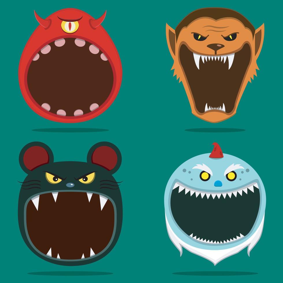 tête de quatre personnages d'halloween et bouche ouverte. monstre à un œil, homme-loup, souris et personnage effrayant de gnome. vecteur