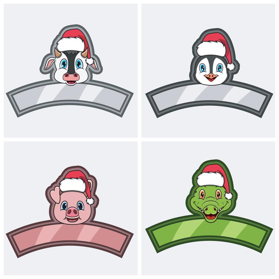 définir le personnage de tête d'animaux mignons. pour le logo, l'icône et l'étiquette avec un chapeau de Noël. chouette, vache, cochon et crocodile. vecteur