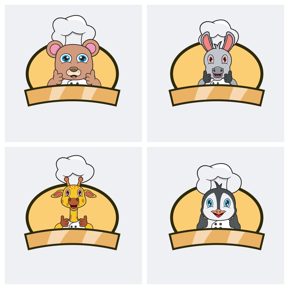 ensemble de chef d'animaux mignons, portant un chapeau et un thème de cuisine. conception de personnages ours, âne, girafe et pingouin, mascotte, étiquette, icône et logo. vecteur