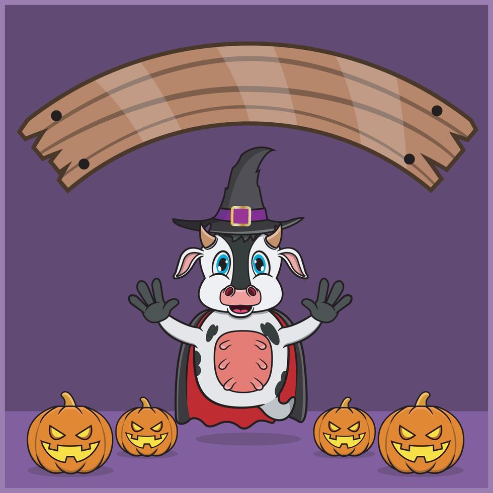 animal de vache mignon vêtu de vampire halloween custome, avec bannière d'espace vide, citrouilles et position de vol. vecteur