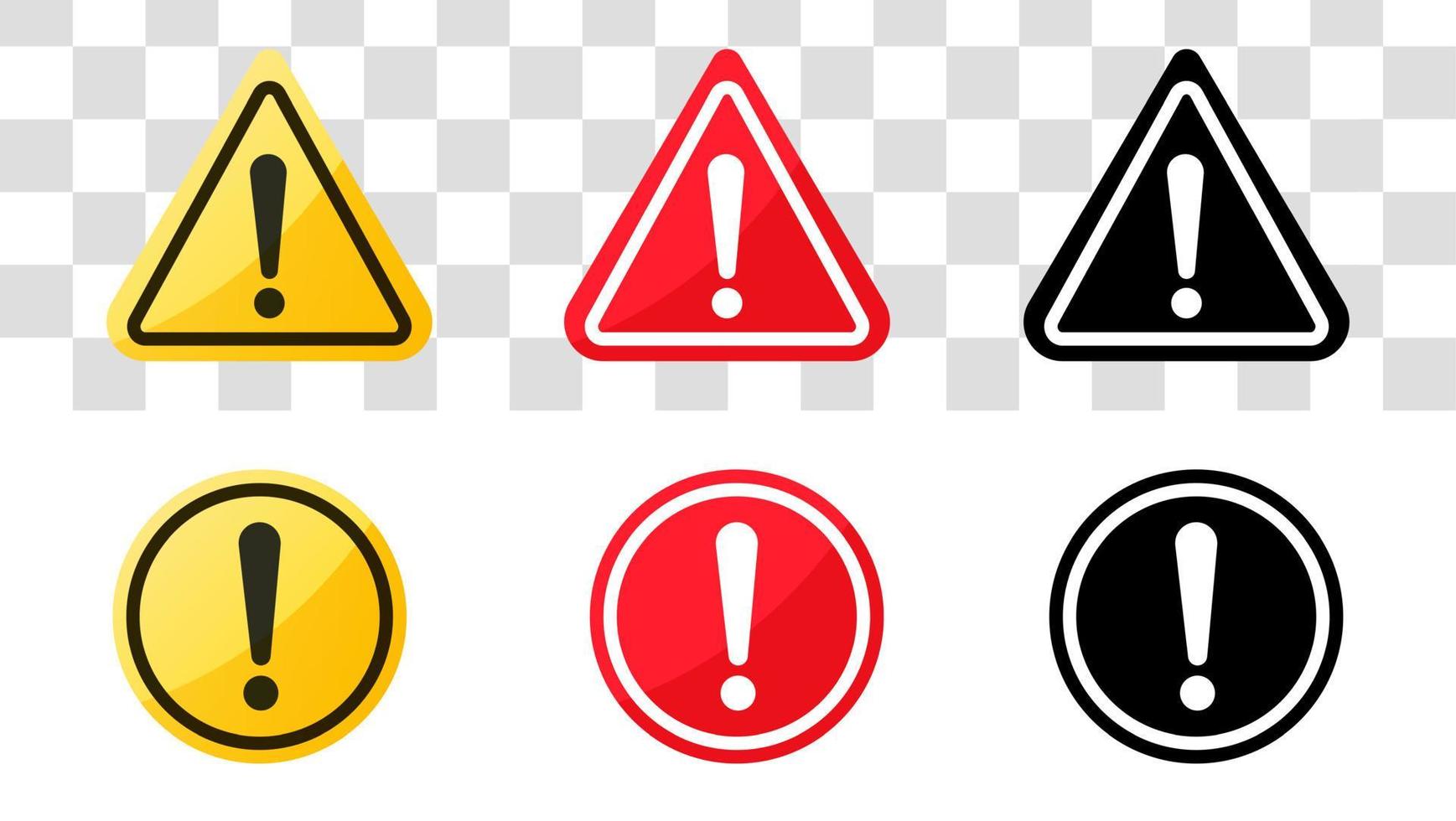 symboles d'avertissement avec point d'exclamation sur fond transparent. ensemble de panneau d'avertissement de danger. collection de signes de danger. icône de vecteur d'attention.