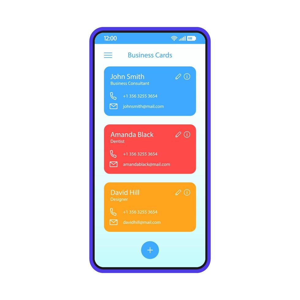 modèle vectoriel d'interface de smartphone de liste de contacts. scanner de cartes de visite. annuaire. disposition de conception d'interface d'application mobile. écran du répertoire téléphonique. interface utilisateur plate pour l'application. affichage du téléphone