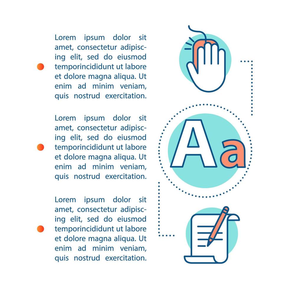 modèle de vecteur de page d'article d'écriture de texte. rédaction. création de contenu. brochure, magazine, élément de conception de livret avec des icônes linéaires. typographie. conception de polices. illustrations de concept avec espace de texte