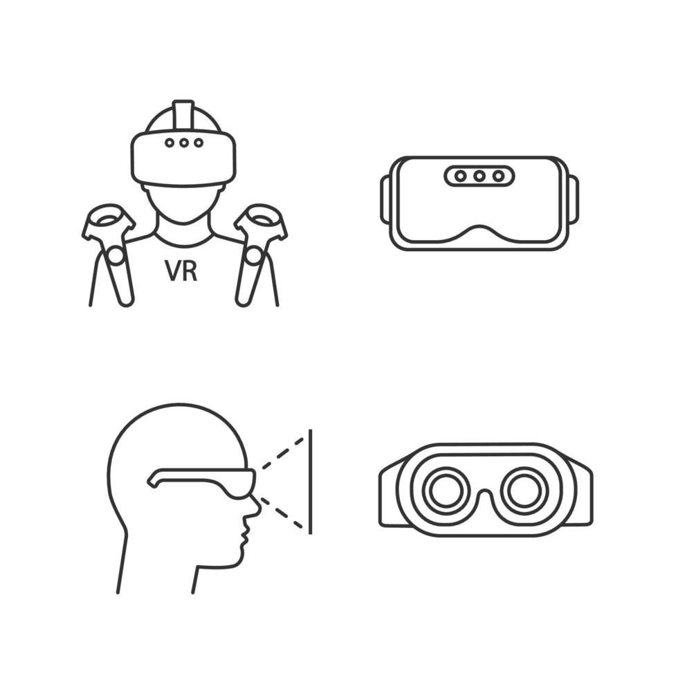 Ensemble d'icônes linéaires de réalité virtuelle. symboles de contour de ligne mince. lecteur vr avec masque, contrôleurs sans fil, vue intérieure du casque, lunettes 3d. illustrations de contour de vecteur isolé. trait modifiable