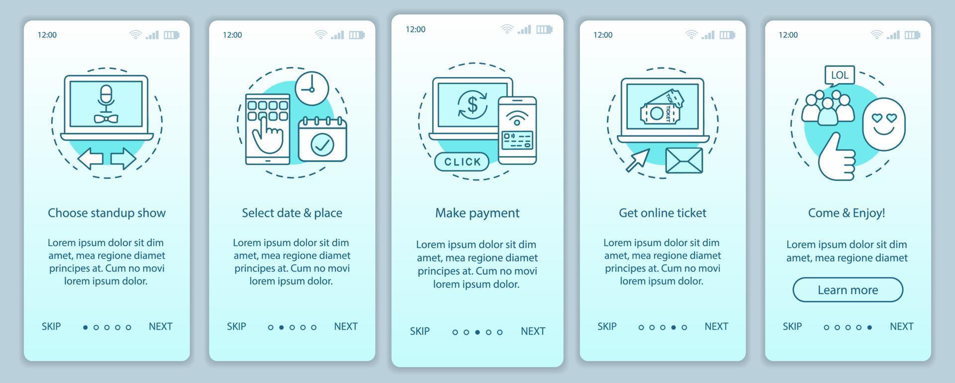 modèle vectoriel d'écran de page d'application mobile d'intégration standup. paiement en ligne des billets de performance. spectacle événement. Procédure pas à pas du site Web avec des illustrations linéaires. concept d'interface de smartphone ux, ui, gui