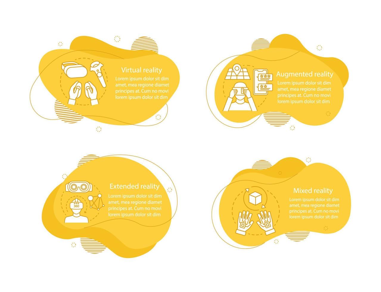 illustrations de concept de réalité étendue. modèle d'infographie virtuel, mixte et augmenté. éléments fluides avec du texte et des icônes linéaires. quatre étapes de bulles ondulées. présentation, bannière rapport cliparts vectoriels vecteur