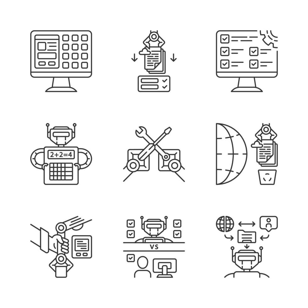 Ensemble d'icônes linéaires rpa. automatisation des processus robotiques. gui, paramètres, calcul, tri, analyse des informations, pbd. symboles de contour de ligne mince. illustrations de contour de vecteur isolé. trait modifiable