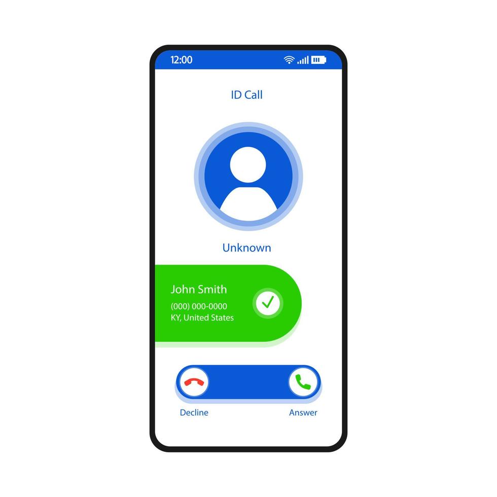 modèle vectoriel d'interface d'appel d'identification pour smartphone. disposition de conception blanche de page d'application mobile. numéro inconnu, identification de l'appelant, écran d'usurpation d'identité. interface utilisateur plate pour l'application. fonction de blocage du spam. affichage du téléphone