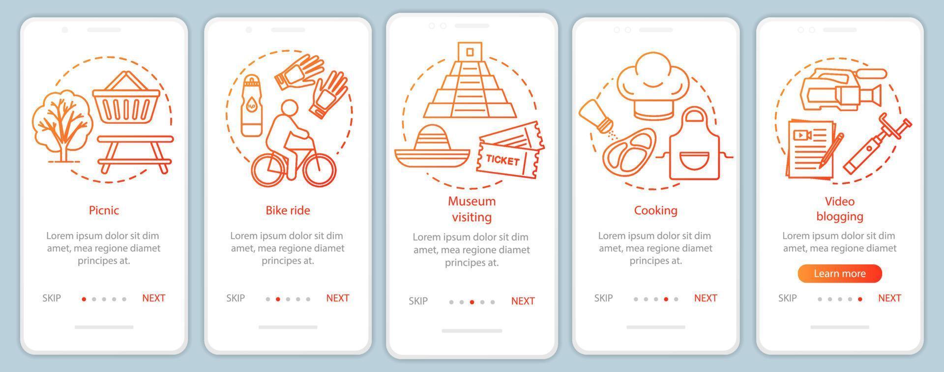 activités familiales avec des enfants à bord de l'écran de la page de l'application mobile avec des concepts linéaires. balade à vélo. instructions graphiques en cinq étapes. visite du musée. ux, ui, modèle vectoriel gui, illustrations