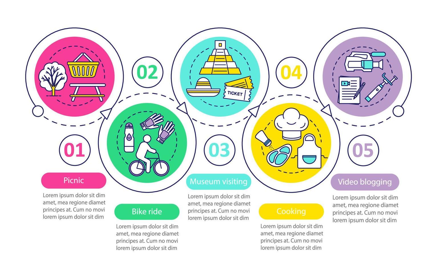 activités familiales avec modèle d'infographie vectorielle pour enfants. élément de conception de présentation d'entreprise. visualisation des données avec cinq étapes et options. chronologie du processus. disposition du flux de travail avec des icônes linéaires vecteur