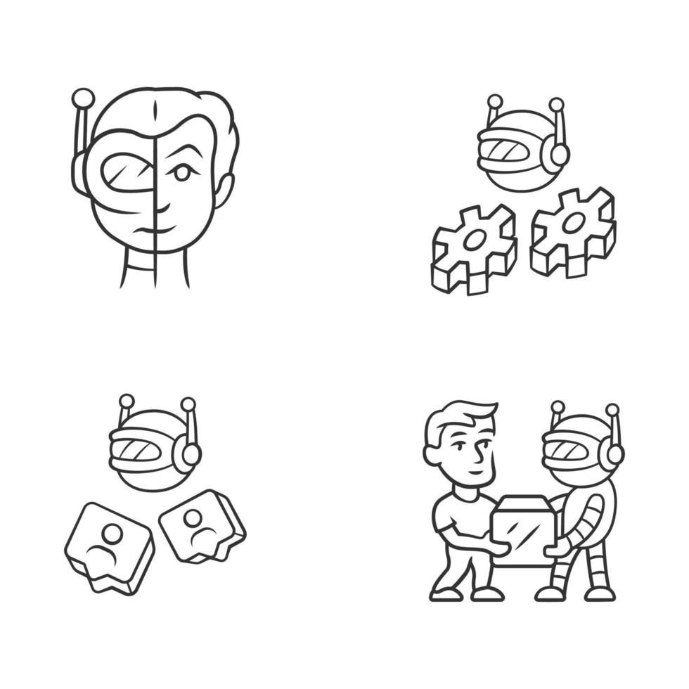 Ensemble d'icônes linéaires de bot logiciel. socialbot, robots transactionnels. intelligence artificielle. cyborgs, IA futuriste. symboles de contour de ligne mince. illustrations de contour de vecteur isolé. trait modifiable