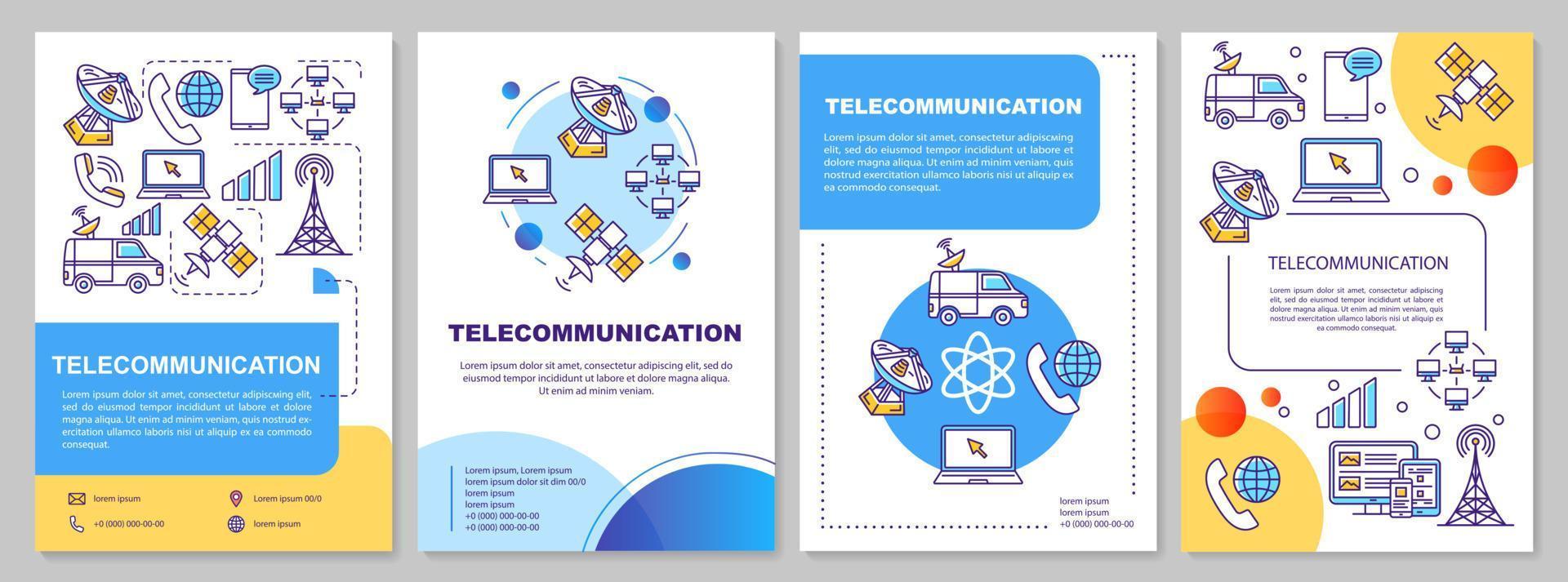 mise en page du modèle de l'industrie des télécommunications. flyer, brochure, conception d'impression de dépliant avec des illustrations linéaires. diffusion télévisée. mises en page vectorielles pour magazines, rapports annuels, affiches publicitaires vecteur