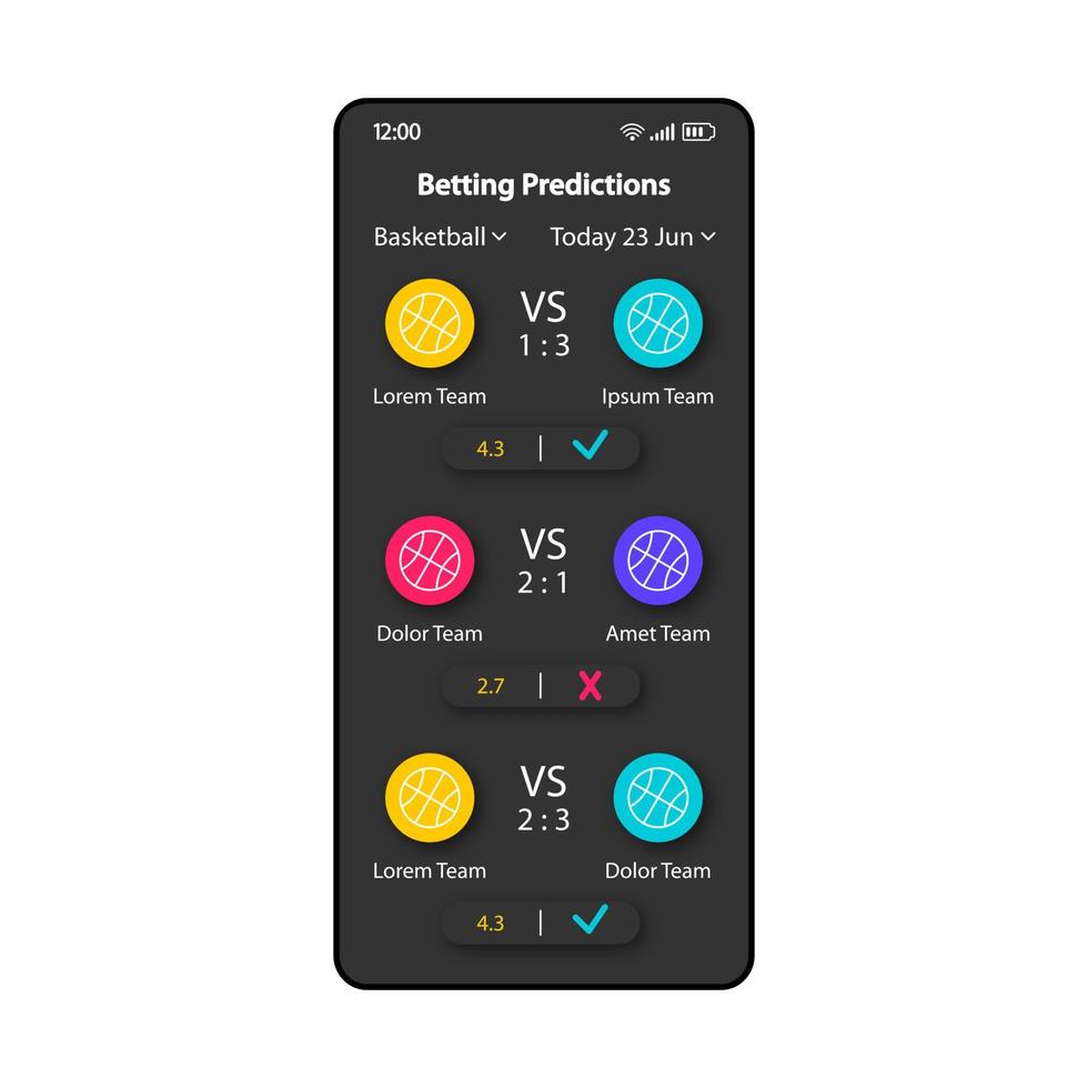 modèle vectoriel d'interface de smartphone de prévision de paris. disposition de conception noire de la page de l'application mobile. prédire l'écran du gagnant. interface utilisateur plate pour l'application. équipe gagnante, points répartis sur l'affichage du téléphone