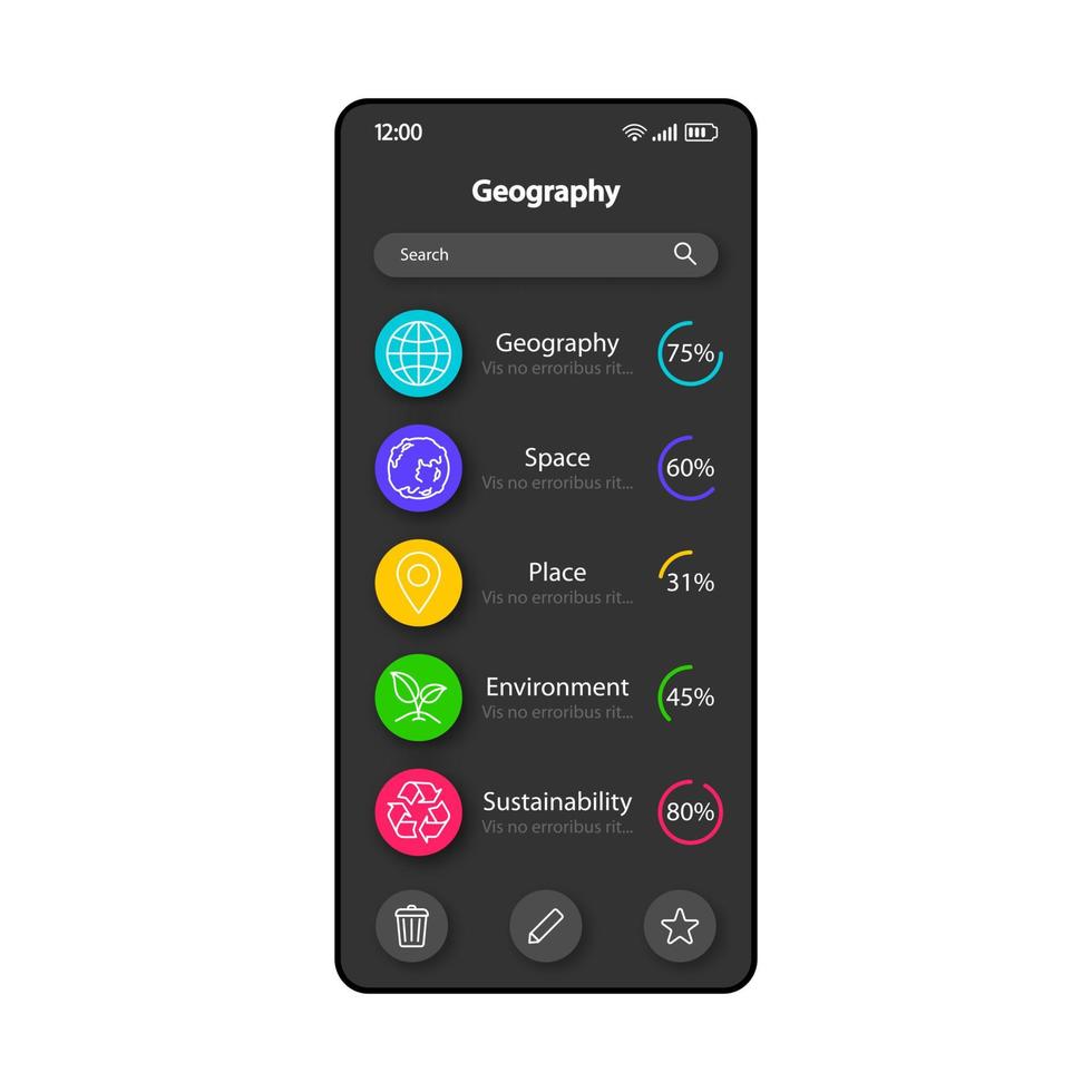 modèle vectoriel d'interface de smartphone d'étude de géographie. disposition de conception noire de la page de l'application mobile. écran des catégories de matières scolaires. interface utilisateur plate pour l'application. enseignement de la géographie connaissance téléphone affichage