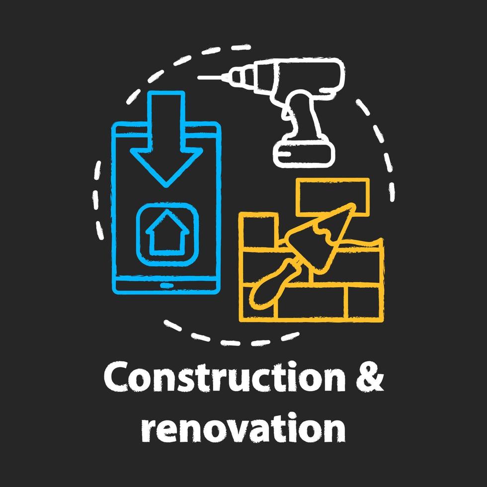 icône de concept de construction et de rénovation de craie. service de réparation résidentielle, idée de magasin d'outils de construction en ligne. perceuse, smartphone et couteau à mastic avec illustration vectorielle de briques isolées au tableau vecteur