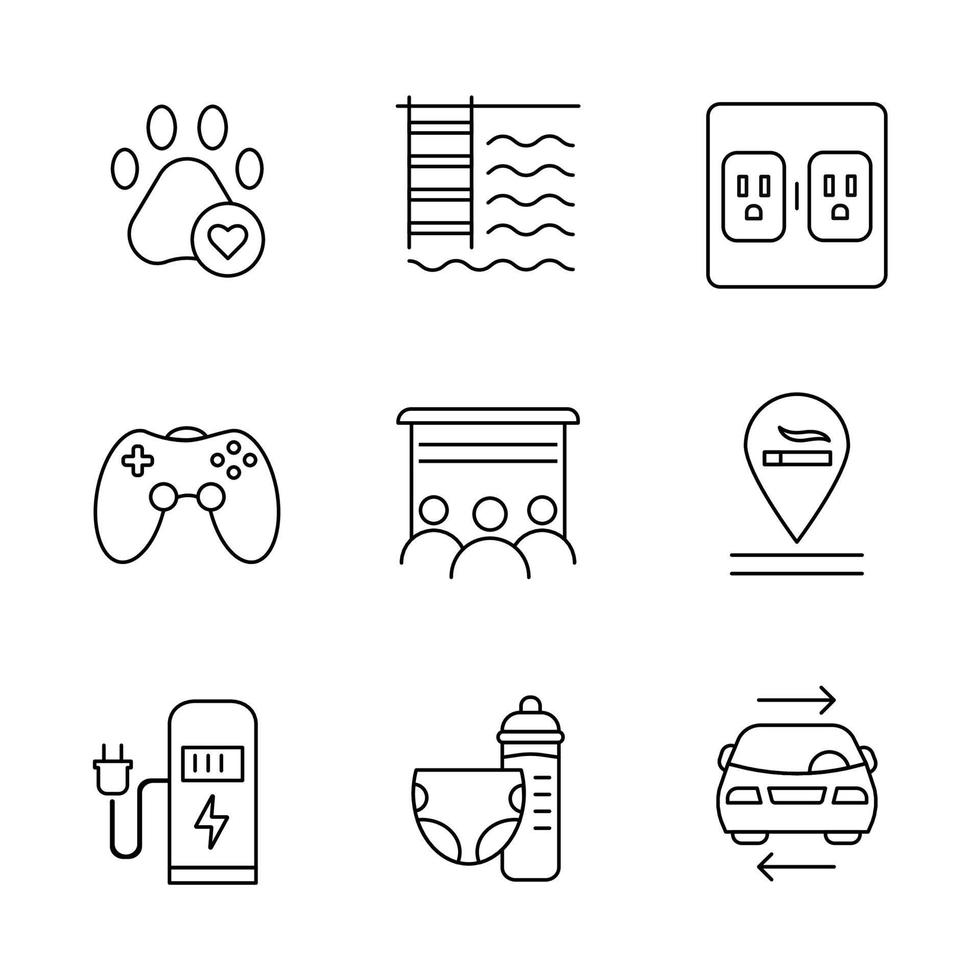 Ensemble d'icônes linéaires de commodités d'appartement. animaux admis, piscine, borne de recharge, permis de fumer, garderie. symboles de contour de ligne mince. illustrations de contour de vecteur isolé. trait modifiable