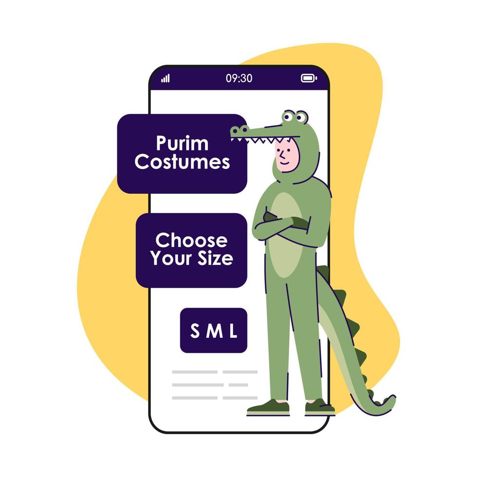 écran de l'application smartphone costumes pourim. costume de crocodile. vêtements pour animaux à louer. écrans de téléphone portable, maquette de conception de personnages de dessins animés. interface téléphonique d'application de boutique en ligne vecteur