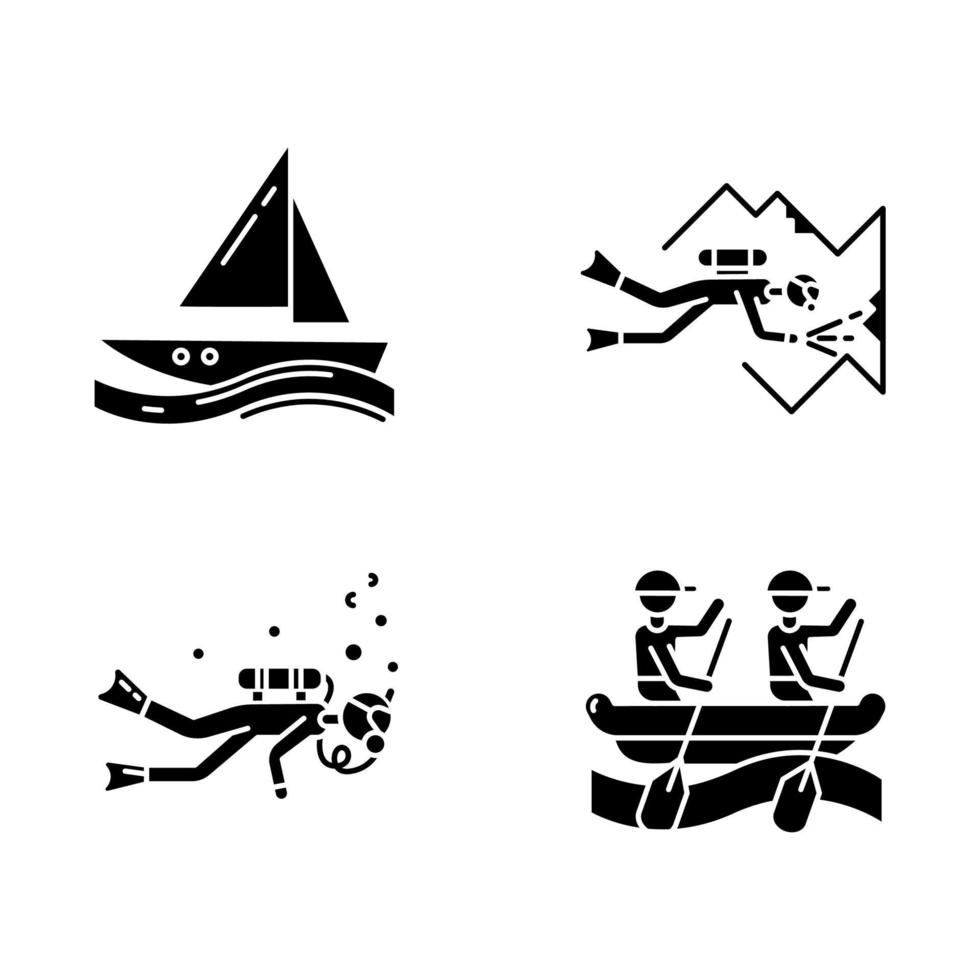 Ensemble d'icônes de glyphe de sports nautiques. plongée souterraine, voile et rafting. sports extrêmes. vacances d'été, activités de plage. plongée avec scuba gear.silhouette symboles. illustration vectorielle isolée vecteur