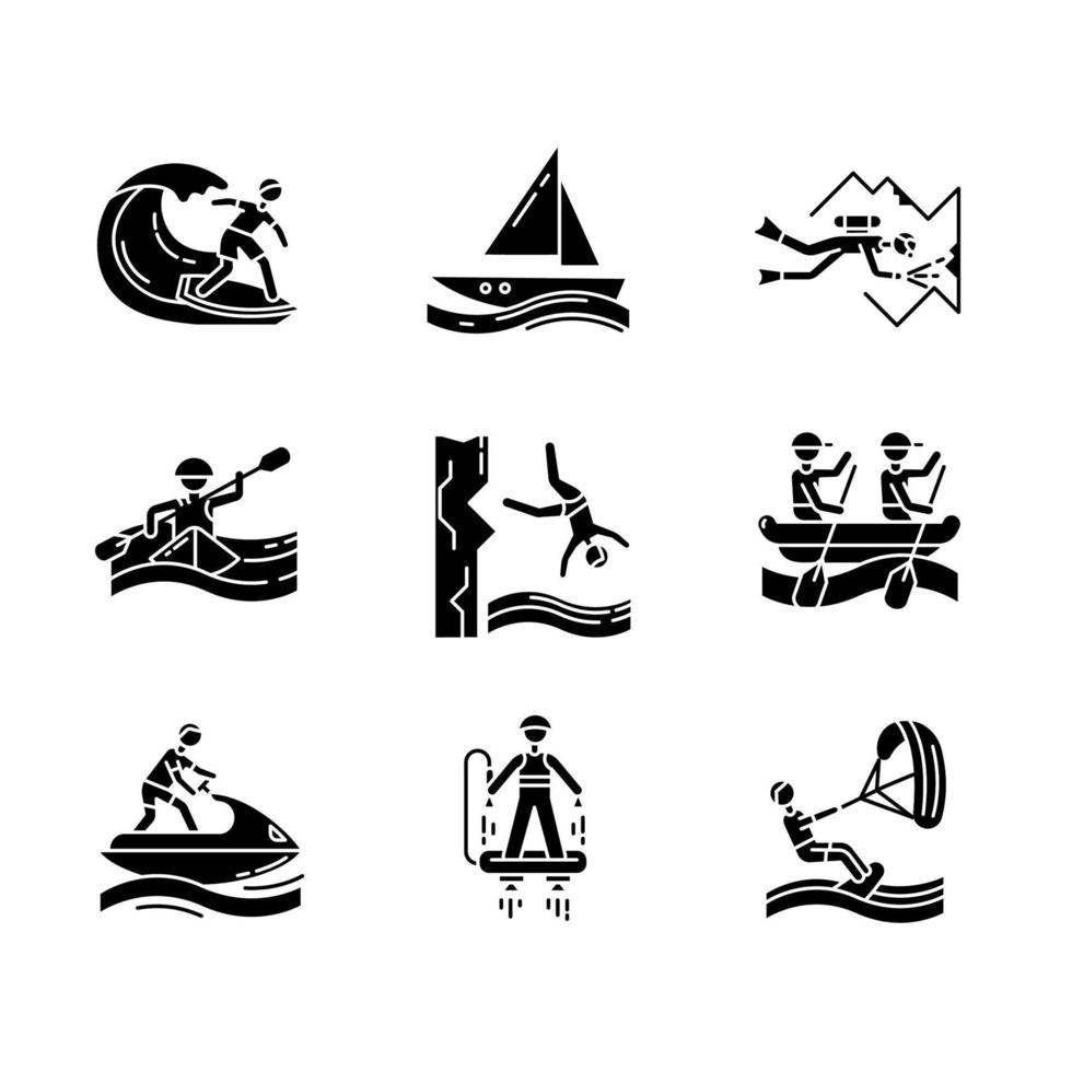 Ensemble d'icônes de glyphe de sports nautiques. symboles de silhouette. plongée souterraine, surf, flyboard et voile. plongée en falaise, kayak et planche à voile. sports extrêmes. illustration vectorielle isolée vecteur