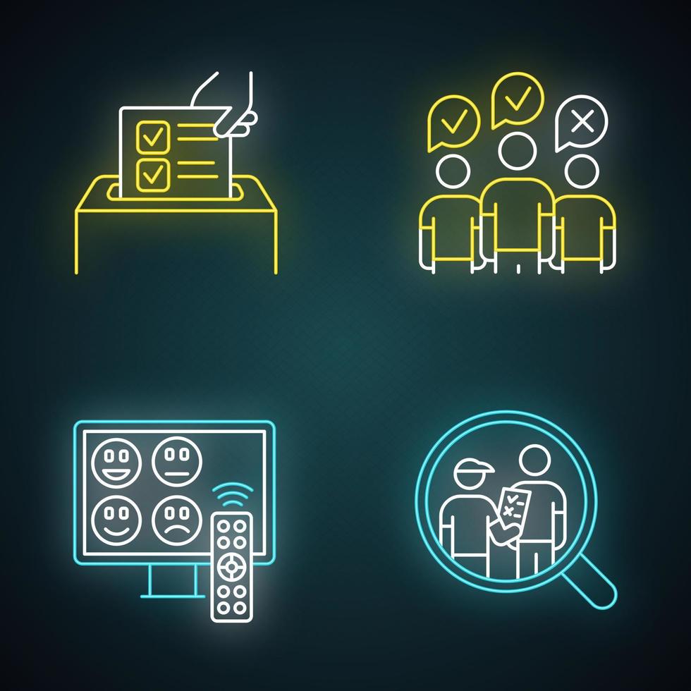 méthodes d'enquête jeu d'icônes de néon. sondage anonyme, évaluation des chaînes de télévision. groupe de discussion. entretien. opinion publique. Avis client. retour d'information. évaluation. signes lumineux. illustrations vectorielles isolées vecteur